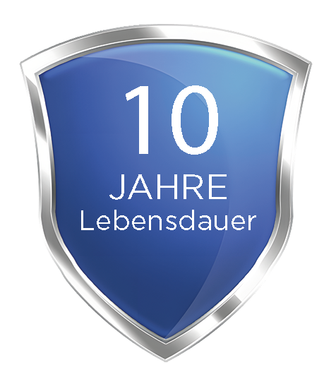 Blue-silver quality seal with the inscription „10 years service life“.