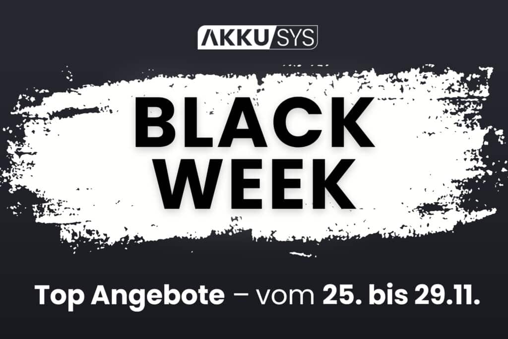 Advertising banner for the AKKU SYS Black Week. The AKKU SYS logo can be seen at the top. In the centre is 'BLACK WEEK' in large black letters on an irregular white background. Below this is the text 'Top offers - from 25 to 29 November' on a dark background.