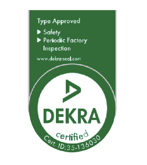 Green DEKRA certificate with reference to safety test and factory inspection.