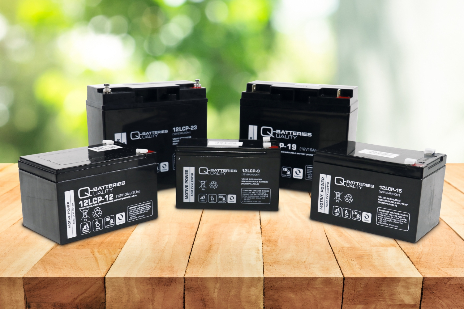 Fünf Q-Batteries Batterien in verschiedenen Größen stehen auf einem Holztisch, im Hintergrund unscharfes Grün mit natürlichem Lichteinfall.