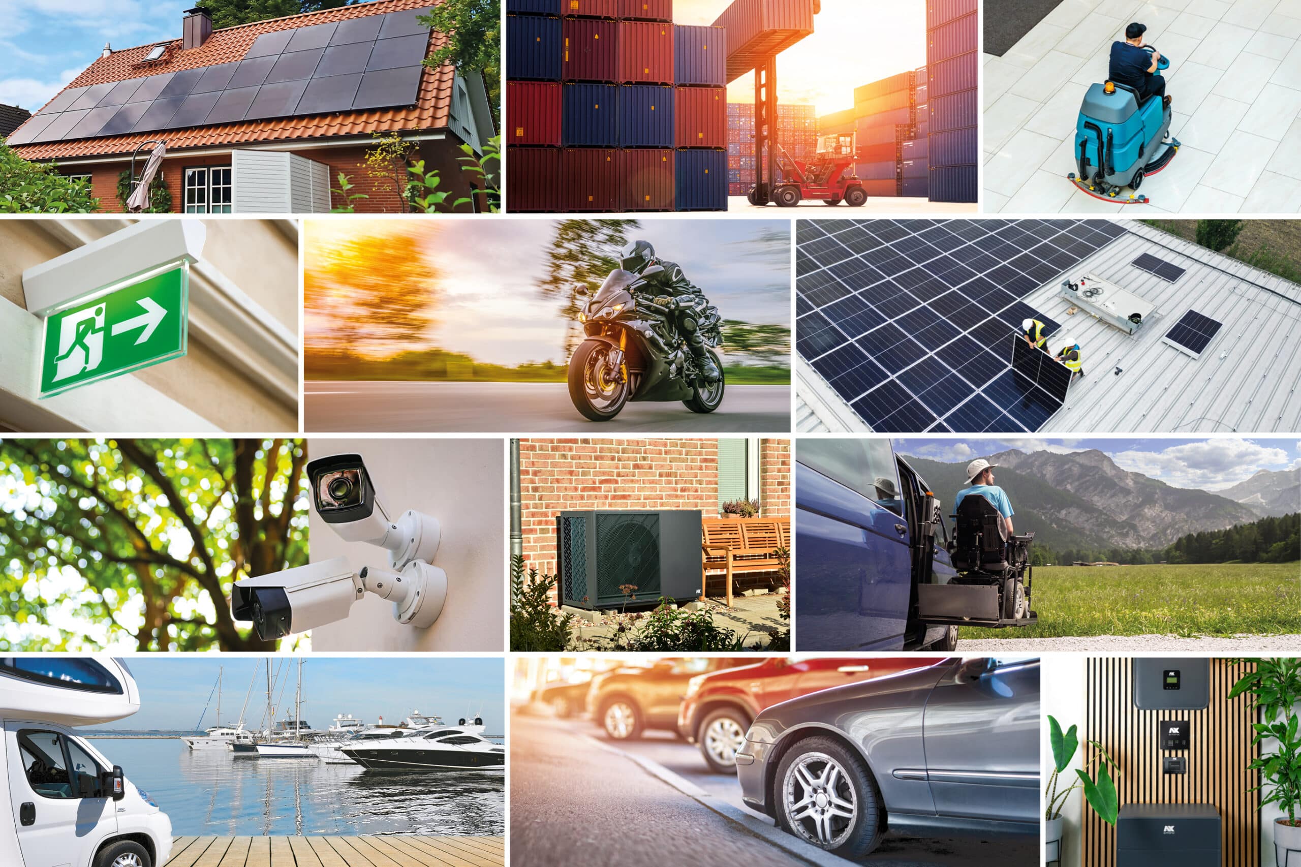 Collage with various industry applications for energy and storage solutions. The exhibits include solar systems on houses and roofs, a heat pump, a motorbike, a boat harbour, surveillance cameras, an electric vehicle, a barrier-free vehicle ramp and an energy storage system.