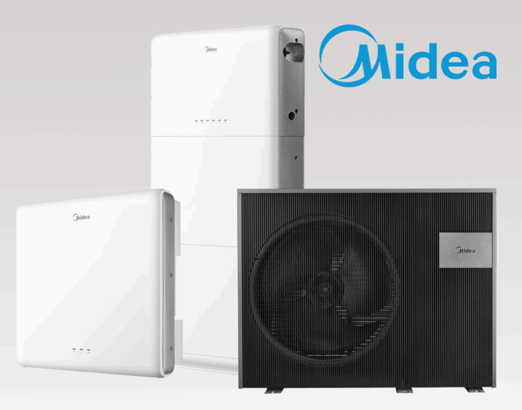 Midea heat pump, inverter and storage tank on a grey background. Light blue Midea logo.