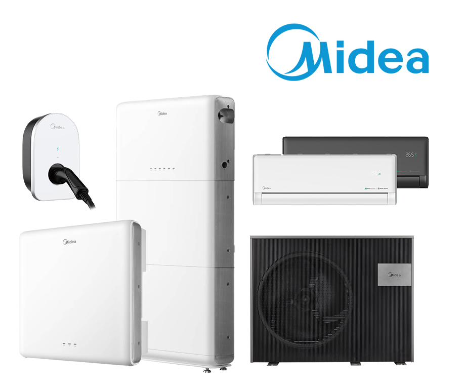 Midea product overview with wallbox, energy storage system, inverter, air conditioning units and heat pump under the Midea logo.