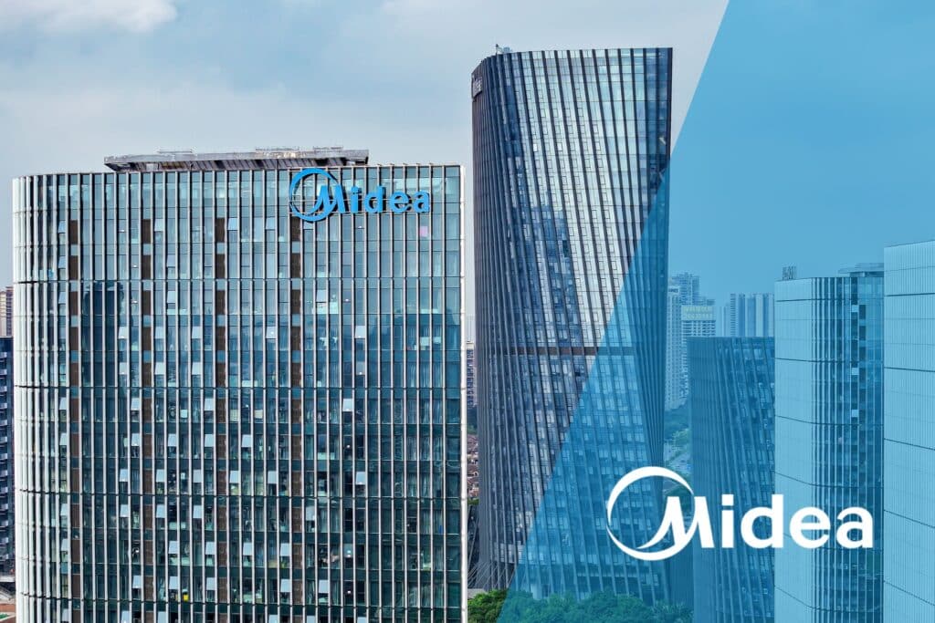 The Midea headquarters in China with its glass façade. On the right is the Midea logo on a blue background.