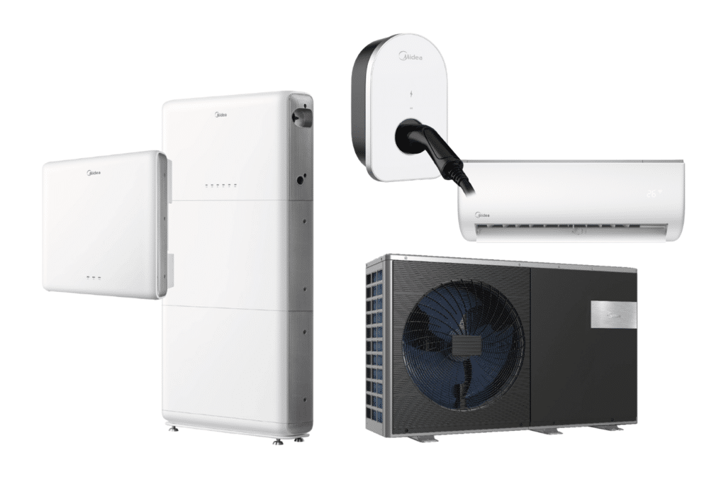 Midea energy and air conditioning solutions, including an inverter with integrated EMS, an energy storage system, a wallbox with charging cable, an air conditioning system and a heat pump.