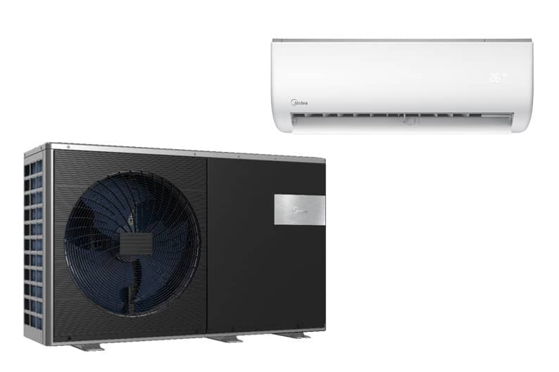 Anthracite-coloured Midea heat pump with silver-coloured elements and a white Midea air conditioning unit on a white background.