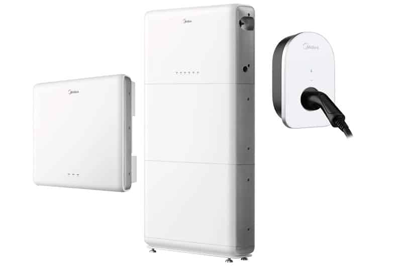 White Midea product images on a white background: inverter, battery storage with integrated EMS and wallbox with charging cable.