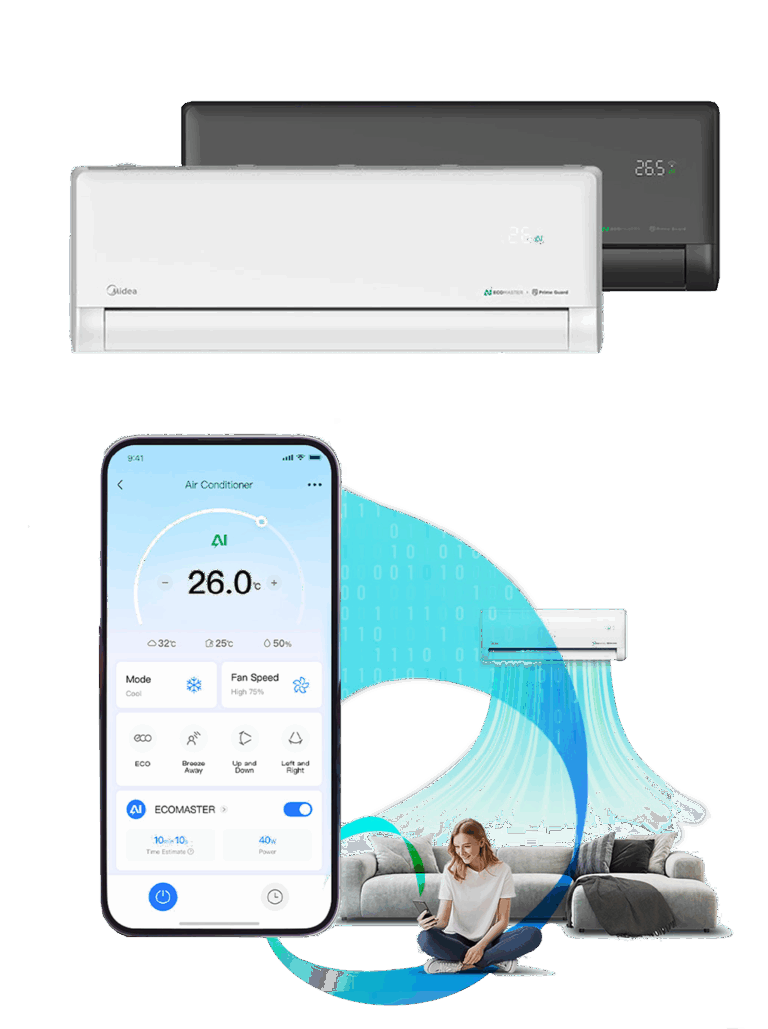 Midea air conditioning systems with app control and visualisation of air circulation, woman sits relaxed under the air flow.
