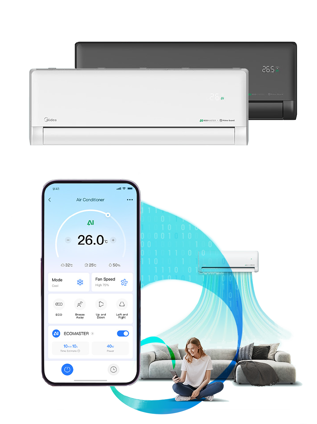Midea air conditioning systems with app control and visualisation of air circulation, woman sits relaxed under the air flow.