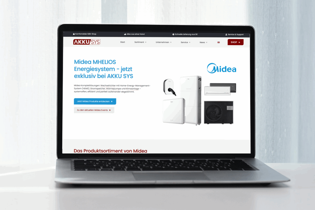 Laptop mit Midea Markenseite auf dem Bildschirm