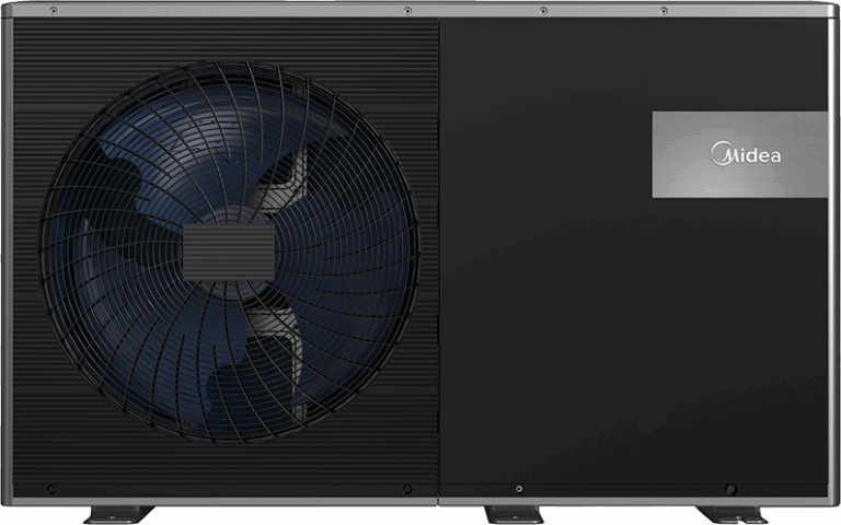 Black Midea heat pump front.