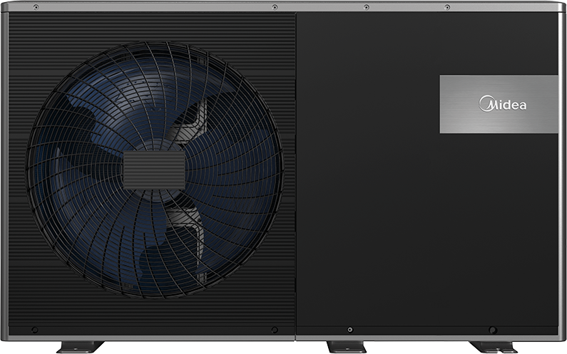 Black Midea heat pump front.