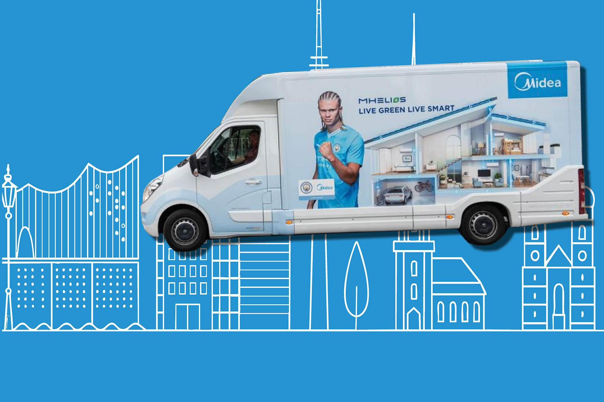 Delivery van with large Midea-MHELIOS advertising motif in front of a stylised Hamburg skyline.