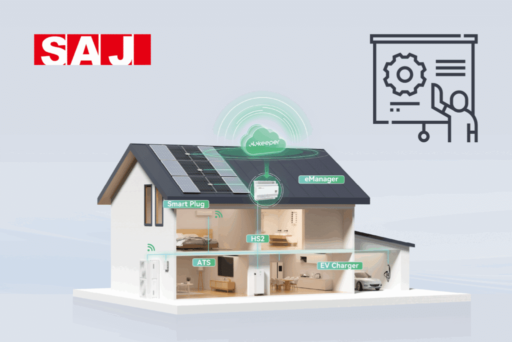 Graphic of a house with networked PV and SAJ components. The SAJ logo and a presentation icon at the top.