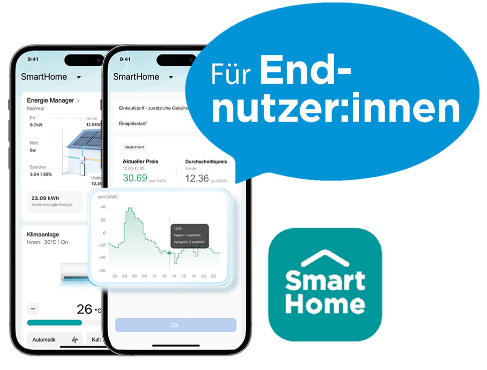 Two smartphones with SmartHome app and energy dashboard, supplemented by the note „For end users“.