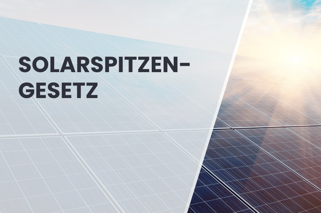 Graphic with the lettering 'Solar Peak Law', in the background solar panels in a cloudy and sunny sky, visually divided into two parts by a diagonal separation.