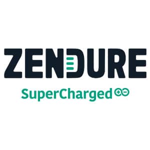 Zendure brand logo in deep dark blue lettering on a white background. Below it is the slogan in turquoise: SuperCharged.