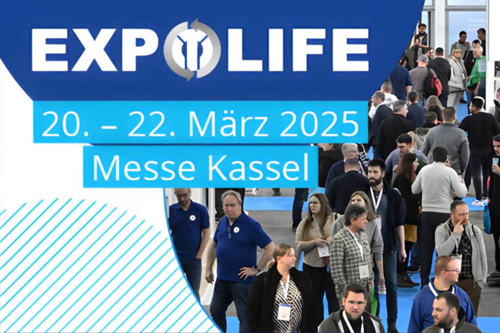 Invitation to the EXPOLIFE trade fair in Kassel from 20 to 22 March 2025. In the background, a busy exhibition hall with numerous visitors and exhibitors.
