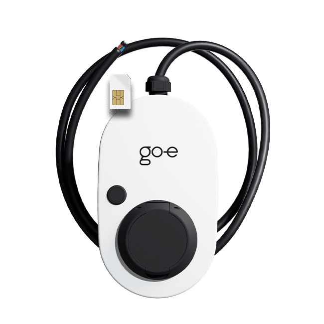The Go-e Gemini Wallbox with SIM card in front of a transparent background.
