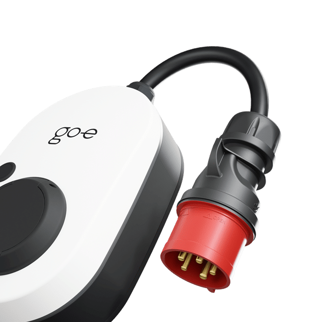 Detailed view of the Go-e Gemini flex wallbox with red plug against a transparent background.