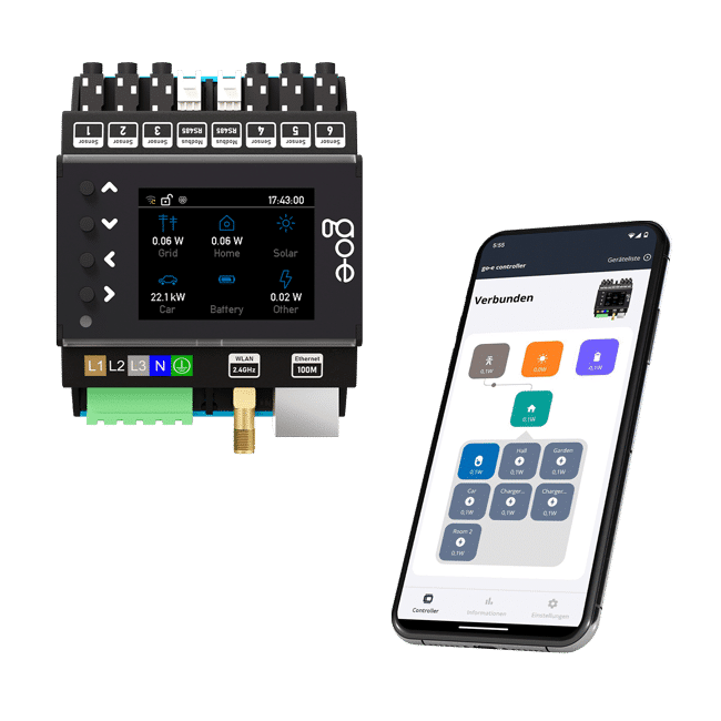 On the left the Go-e controller with LED display, on the right a smartphone showing the Go-e app.