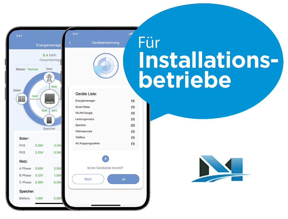 Smartphone view of the goMSolar app with device configuration and energy overview, supplemented by the note „For installation companies".